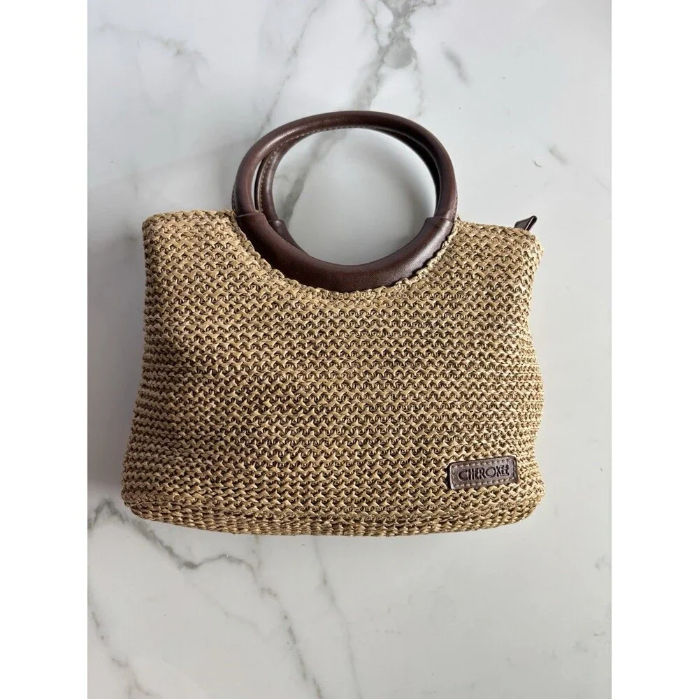 Vintage Cherokee Woven Straw Crossbody Bag Top Handle Purse Tan Brown 90s Y2K